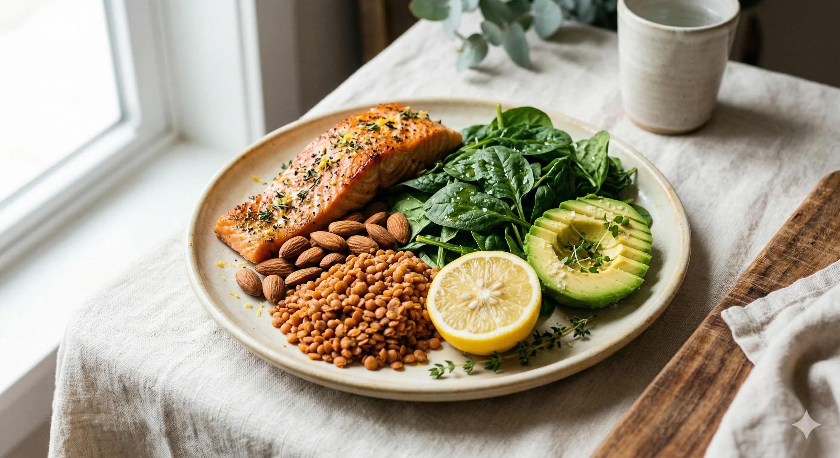 Plato de alimentos ricos en nutrientes: salmon, espinacas, aguacate, almendras, citricos