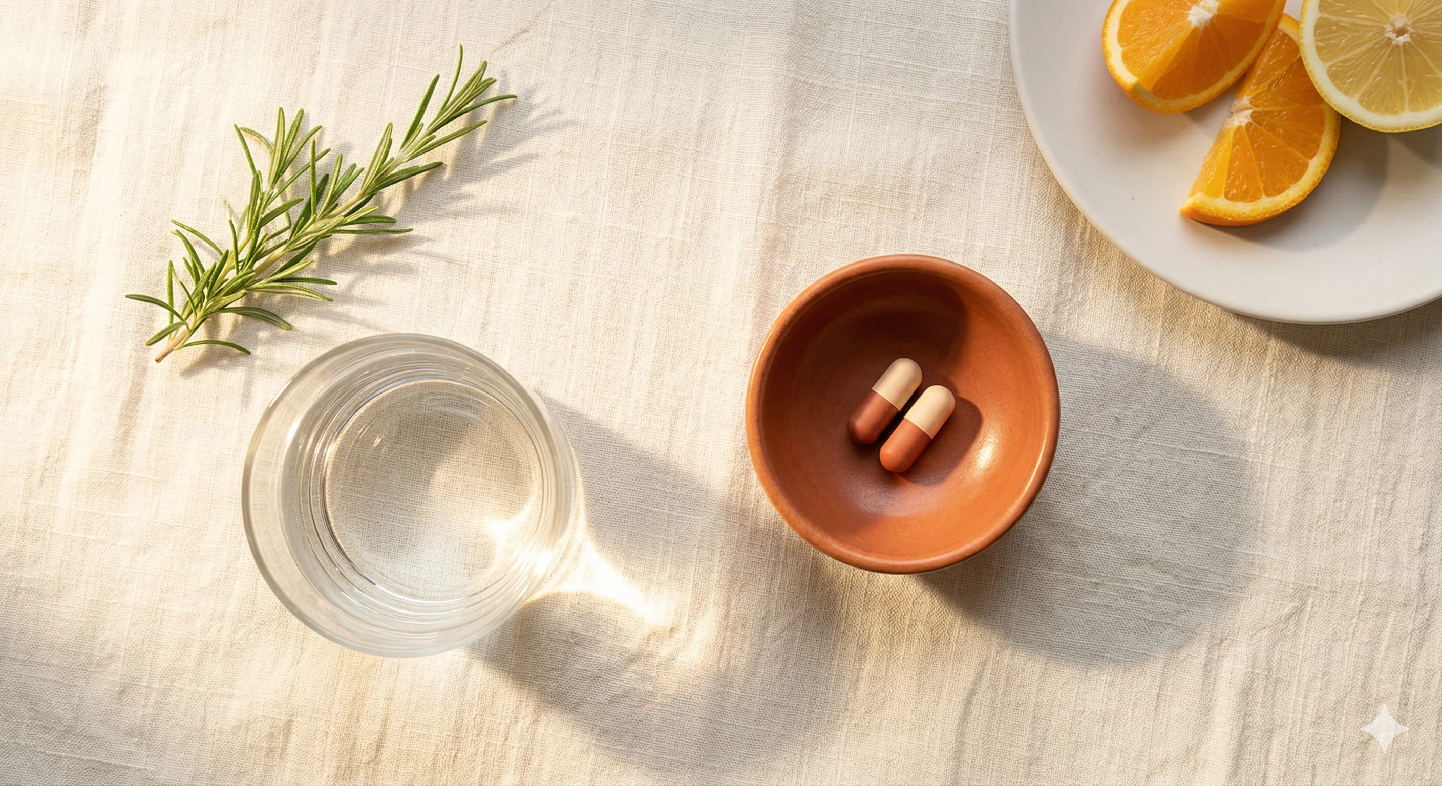 Ritual matutino: capsulas terracota, vaso de agua, romero y citricos